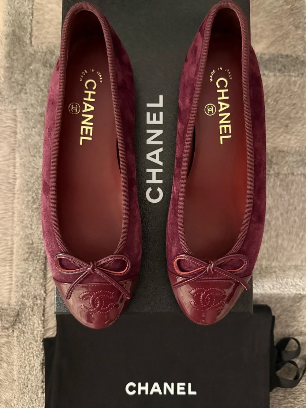 CHANEL Burgundy Suede and Patent Leather Ballet Flats